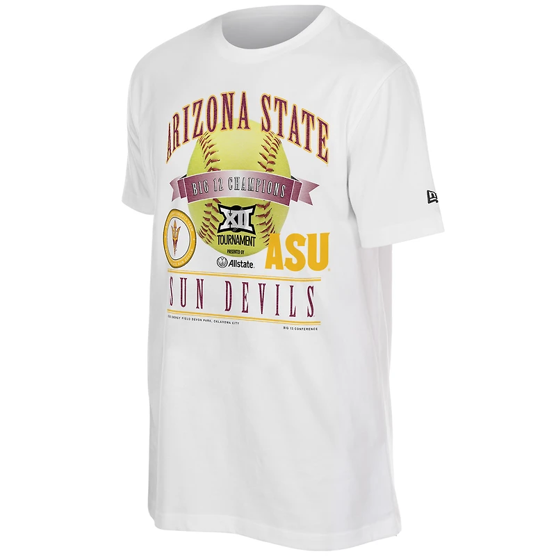 T-shirt blanc New Era pour homme, collection « Arizona State Sun Devils 2026 Big 12 Softball Tournament Champions », inspiré des vestiaires.