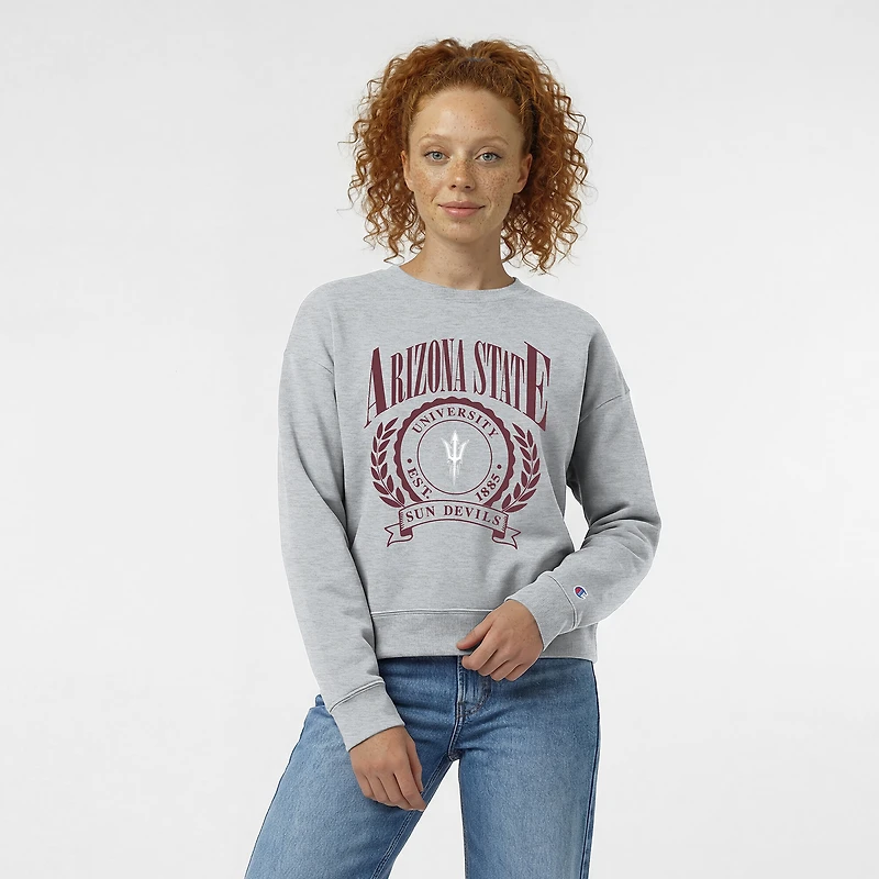 Women's Champion Heather Gray Arizona State Sun Devils Academic Crest Powerblend Crewneck Sweatshirt