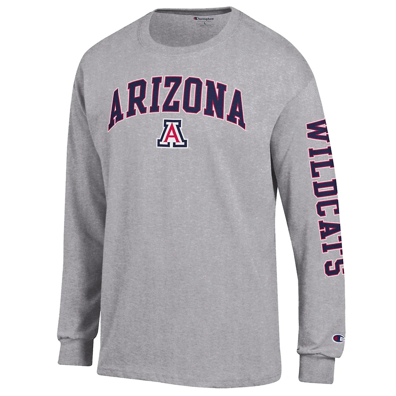 T-shirt à manches longues 2-Hit Champion Heather Gray des Arizona Wildcats avec logo Arch Over