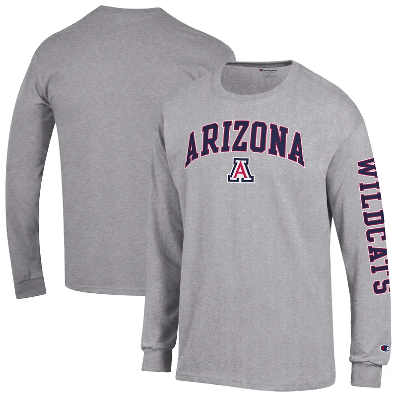 T-shirt à manches longues 2-Hit Champion Heather Gray des Arizona Wildcats avec logo Arch Over