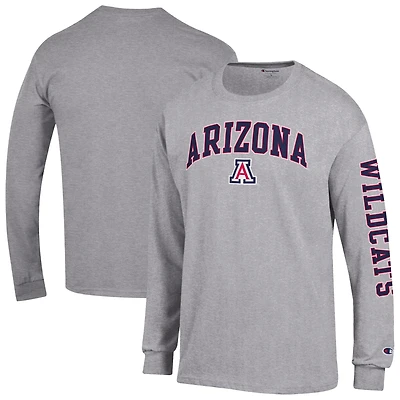 T-shirt à manches longues 2-Hit Champion Heather Gray des Arizona Wildcats avec logo Arch Over