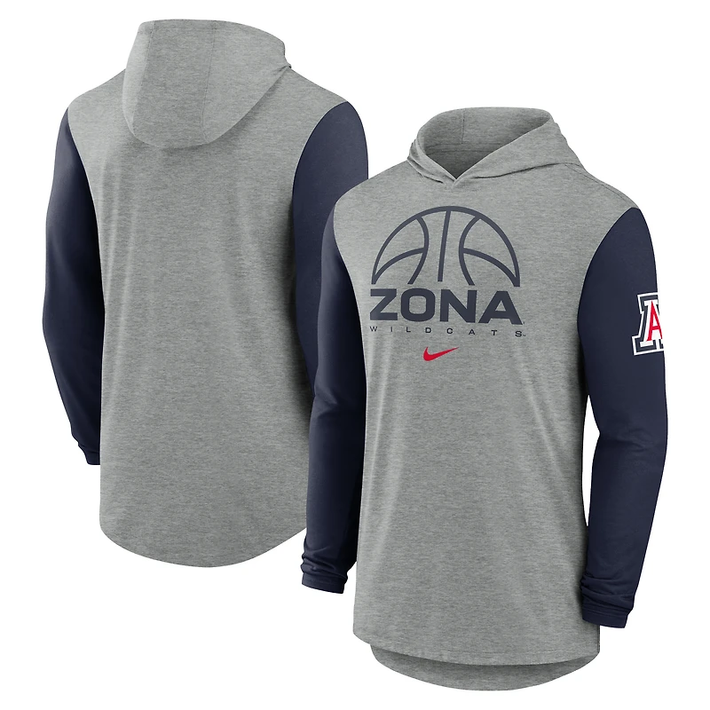 Men's Nike Gray/Navy Arizona Wildcats Basketball Color-Block Tri-Blend Dri-FIT Long Sleeve Hoodie T-Shirt