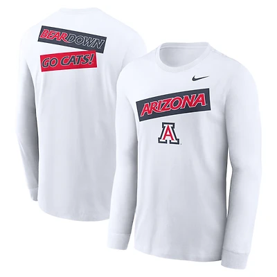 T-shirt Nike blanc à manches longues pour homme, motif classique des Wildcats de l'Arizona, avec deux coups sûrs