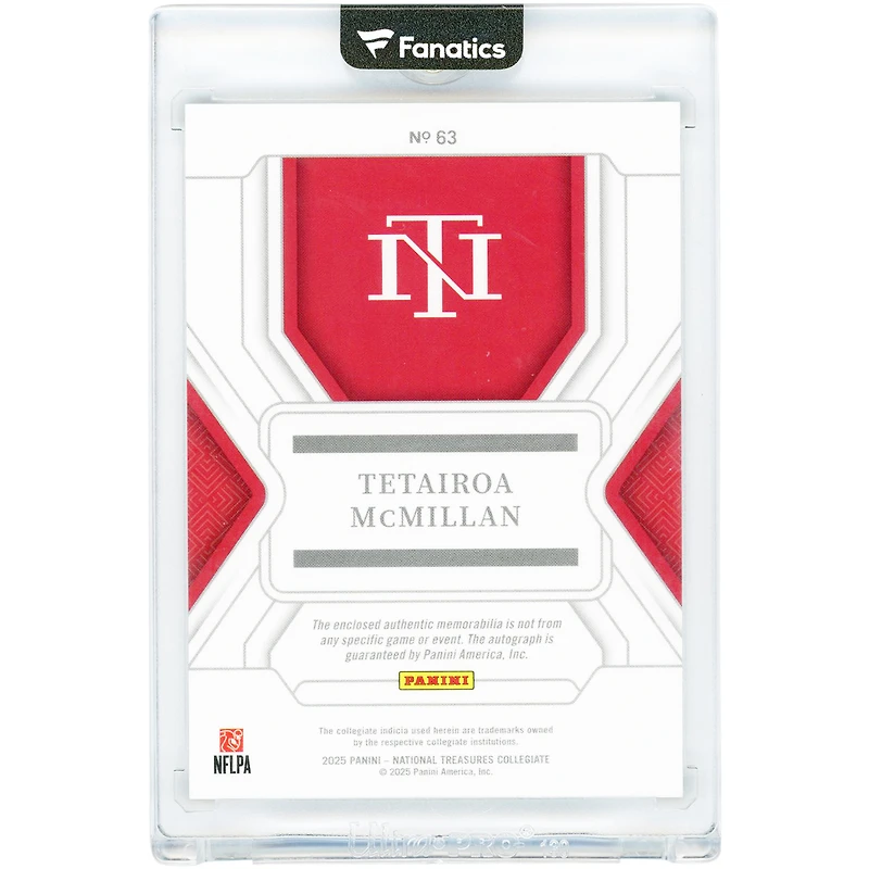Tetairoa McMillan Arizona Wildcats Autographed 2025 Panini National Treasures Collegiate Tri-Color Relic #63 #3/10 Rookie Card