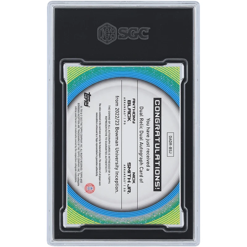 Anthony Black & Nick Smith Jr. Arkansas Razorbacks Autographed 2022-23 Bowman U Inception Gold Foil Dual Relic #DADR-BSJ #6/50 SGC Authenticated 9/10 Card