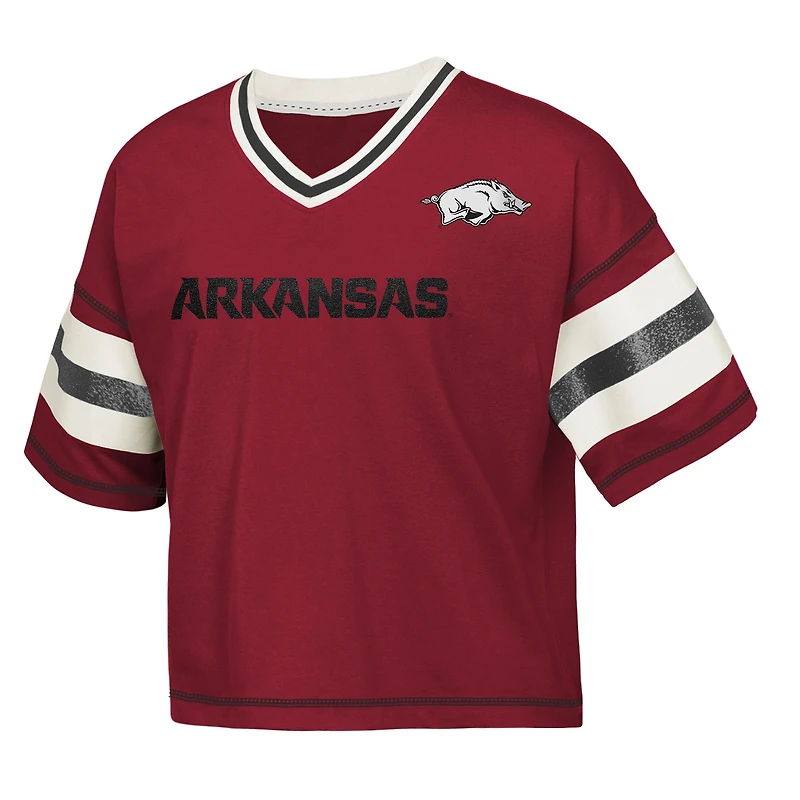 T-shirt à col en V pour jeunes filles Cardinal Arkansas Razorbacks Grid Iron
