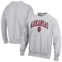 Men's Champion Gray Arkansas Razorbacks Distressed Arch Over Logo Reverse Weave Crew Neck Sweatshirt