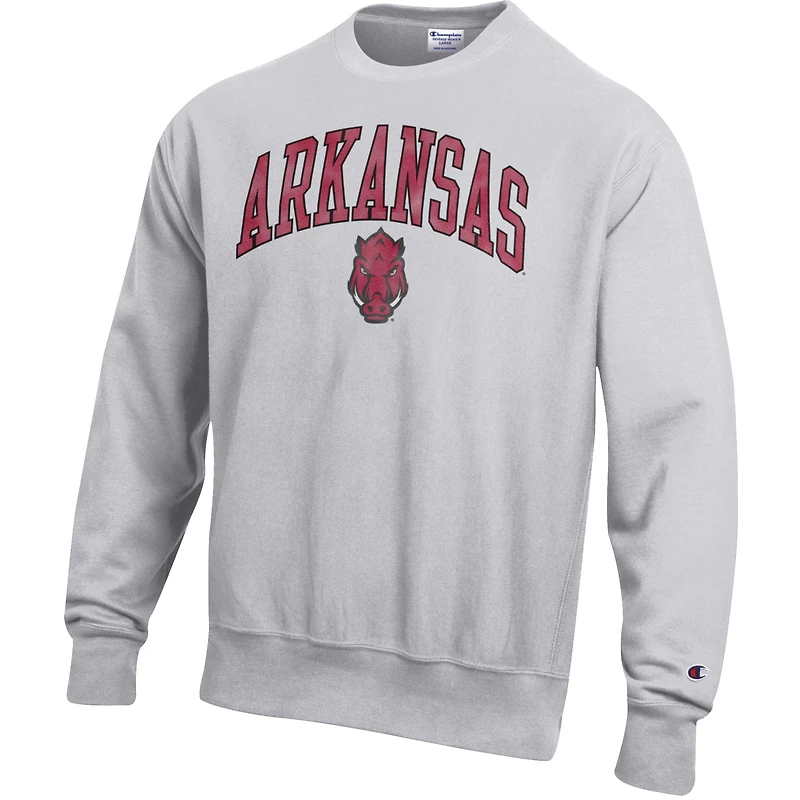 Sweat-shirt ras du cou à motif arché et logo inversé Champion Grey Arkansas Razorbacks pour homme
