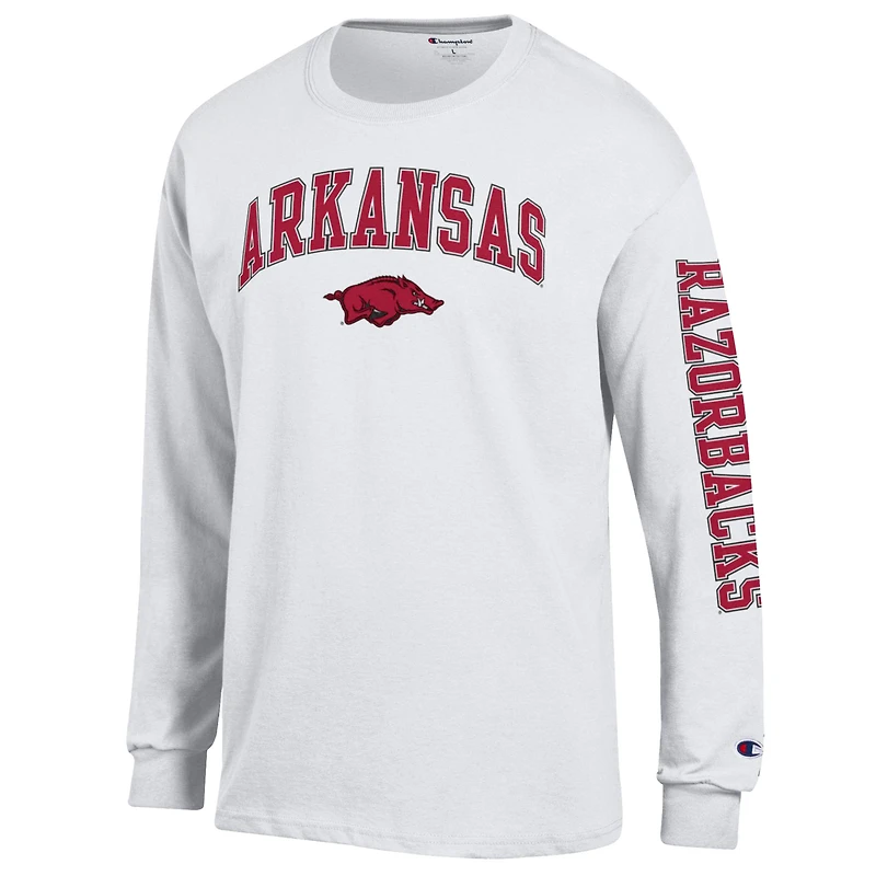 T-shirt à manches longues blanc pour homme, Champion Arkansas Razorbacks, logo Arch Over, 2 coups