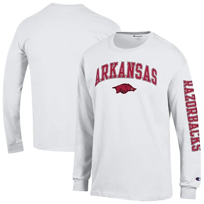 T-shirt à manches longues blanc pour homme, Champion Arkansas Razorbacks, logo Arch Over, 2 coups