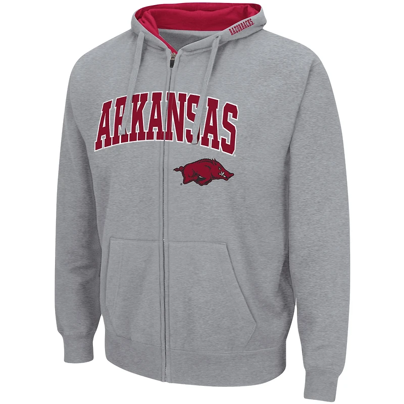 Men's Colosseum Heathered Gray Arkansas Razorbacks Arch & Logo 3.0 Full-Zip Hoodie