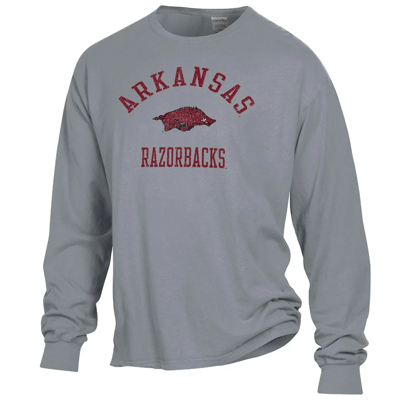 T-shirt à manches longues teint en pièce pour homme, gris, ComfortWash, Arkansas Razorbacks