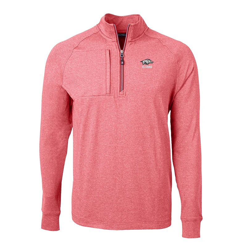 Pull-over zippé quart de tour en tricot chiné recyclé pour homme, avec logo des anciens élèves Arkansas Razorbacks, Cutter & Buck, Heather Cardinal