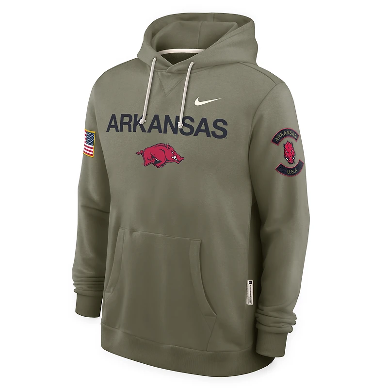 Men's Nike Olive Arkansas Razorbacks 2025 Military Appreciation Dri-FIT Hoodie