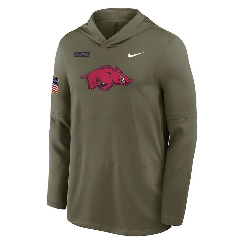 Men's Nike Olive Arkansas Razorbacks 2025 Military Appreciation Dri-FIT Long Sleeve Hooded T-Shirt