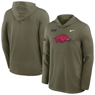 Men's Nike Olive Arkansas Razorbacks 2025 Military Appreciation Dri-FIT Long Sleeve Hooded T-Shirt