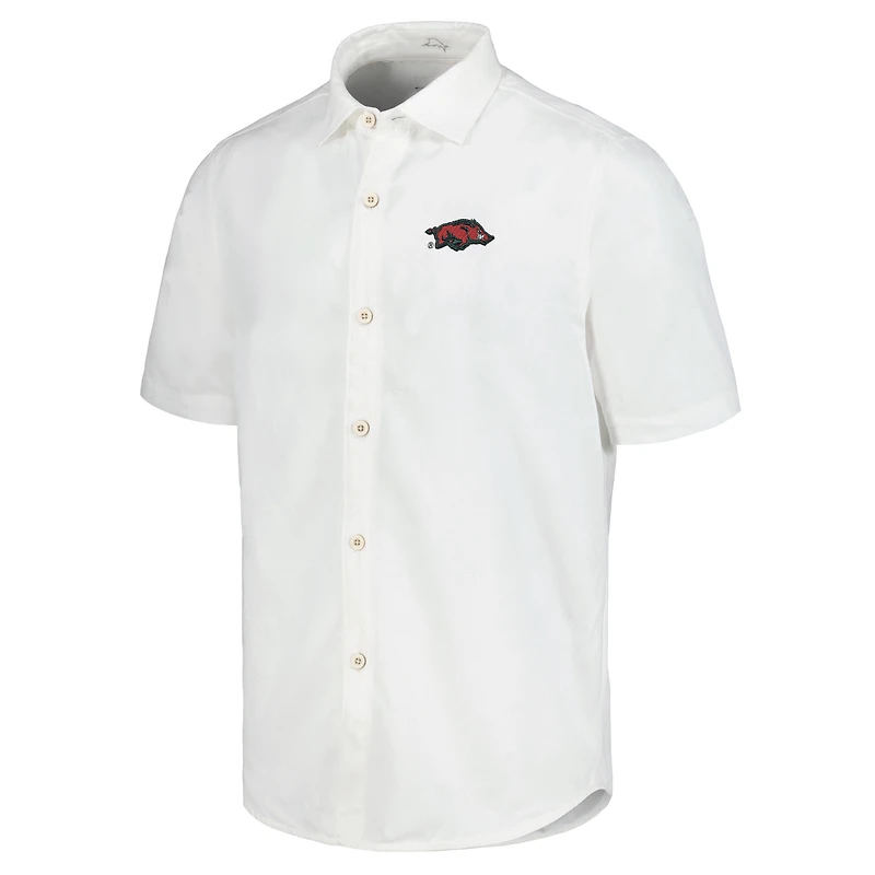 Men's Tommy Bahama White Arkansas Razorbacks Coconut Point Palm Vista IslandZone Camp Button-Up Shirt