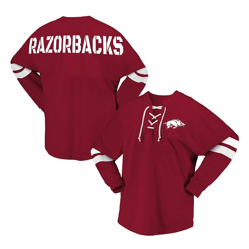 T-shirt unisexe à manches longues et col en V lacets Spirit Jersey Cardinal Arkansas Razorbacks