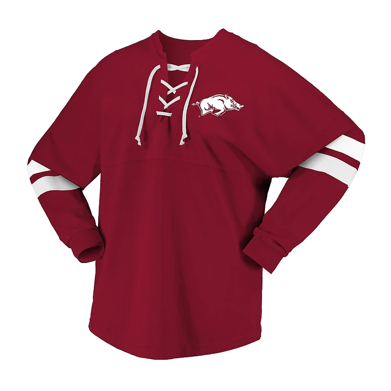 T-shirt unisexe à manches longues et col en V lacets Spirit Jersey Cardinal Arkansas Razorbacks
