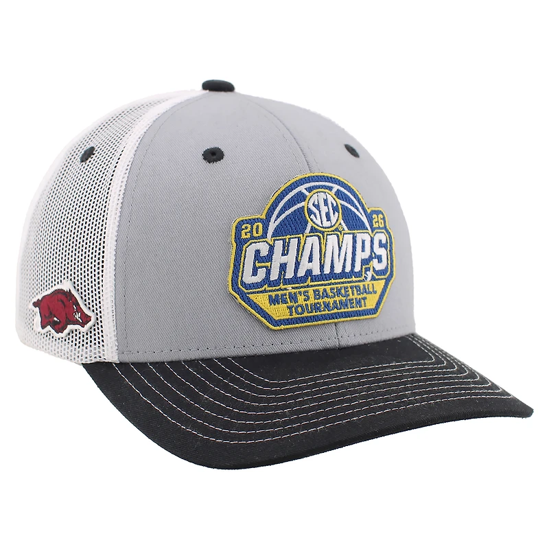 Casquette unisexe Zephyr grise/noire Dakota, championne du tournoi de basketball masculin SEC 2026 des Arkansas Razorbacks