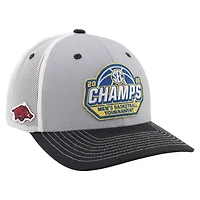 Casquette unisexe Zephyr grise/noire Dakota, championne du tournoi de basketball masculin SEC 2026 des Arkansas Razorbacks