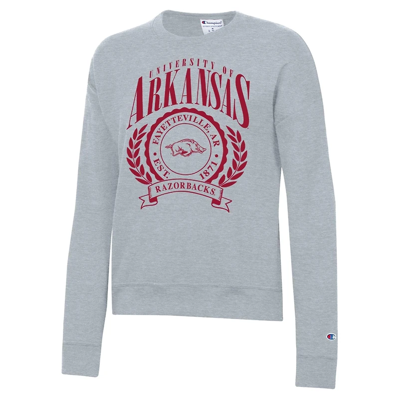 Sweat-shirt à col rond Powerblend gris chiné pour femme, modèle Champion Arkansas Razorbacks Academic Crest.
