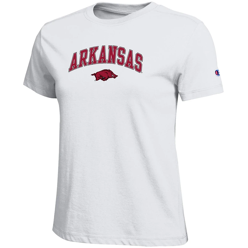 T-shirt blanc avec logo arqué des Arkansas Razorbacks, championne féminine