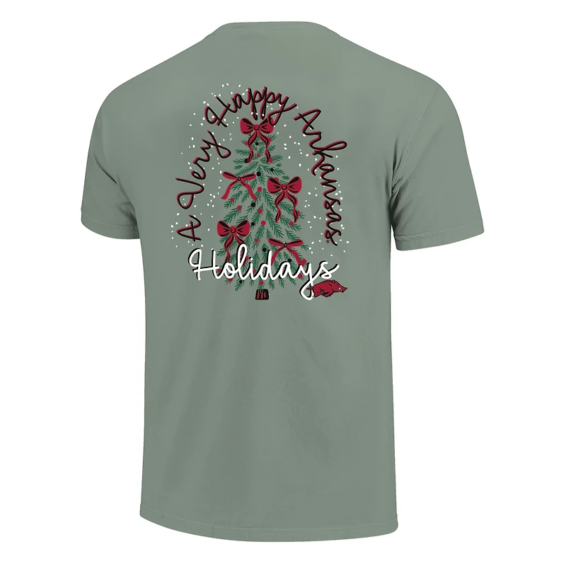 T-shirt vert clair pour femme Arkansas Razorbacks, motif sapin de Noël, couleurs confortables