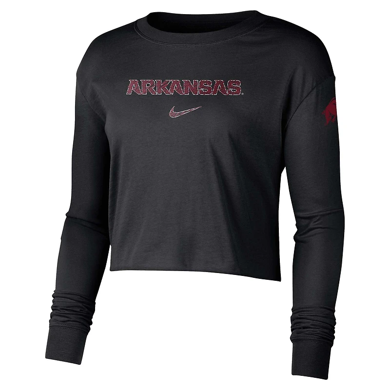 T-shirt court à manches longues avec logo Arkansas Razorbacks 2-Hit Nike pour femme, noir