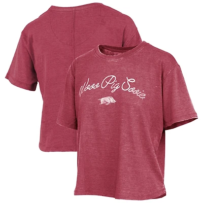 Women's Pressbox  Cardinal Arkansas Razorbacks Vintage Waist Length Script Over Logo T-Shirt