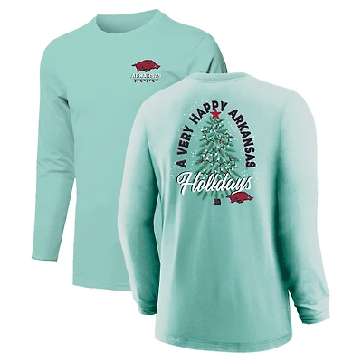 T-shirt à manches longues vert clair pour jeunes Arkansas Razorbacks, motif sapin de Noël