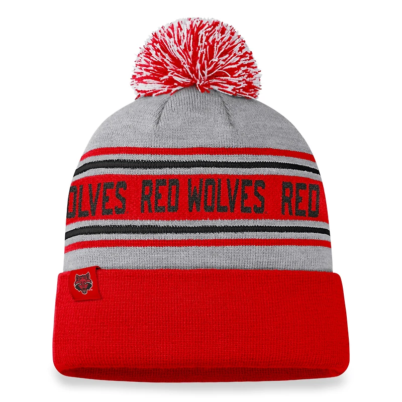 Bonnet en tricot à revers glacial pour hommes Top of the World gris chiné Arkansas State Red Wolves avec pompon