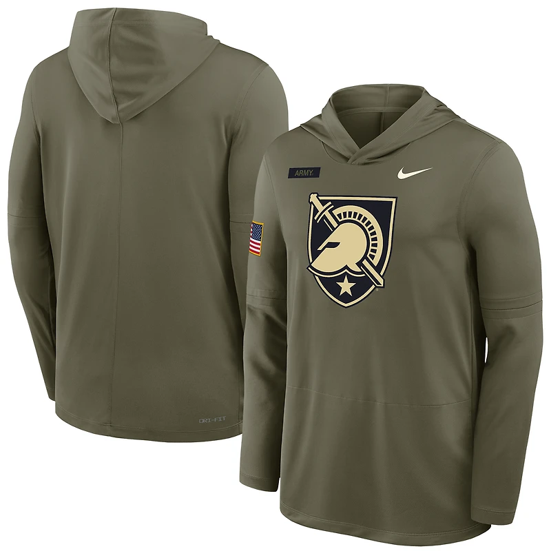 Men's Nike Olive Army Black Knights 2025 Military Appreciation Dri-FIT Long Sleeve Hooded T-Shirt