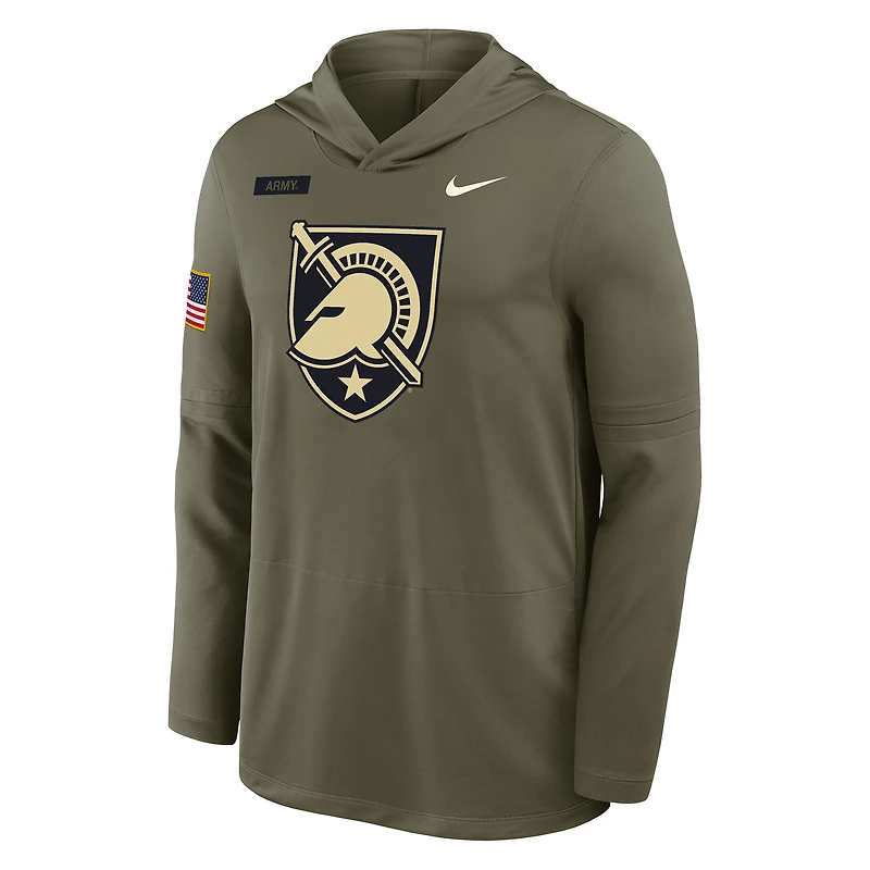 Men's Nike Olive Army Black Knights 2025 Military Appreciation Dri-FIT Long Sleeve Hooded T-Shirt