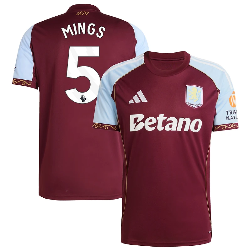 Maillot adidas Tyrone Mings Claret pour homme, réplique domicile Aston Villa 2025/26