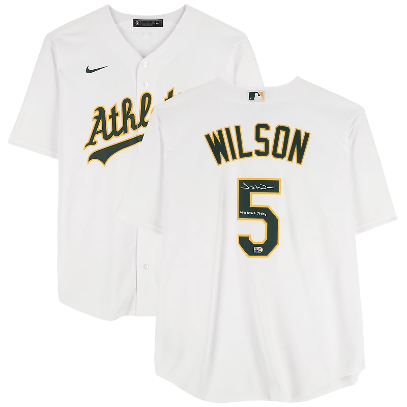 Maillot réplique blanc Nike autographié par Jacob Wilson (Athletics) avec inscription « Débuts en MLB le 19/07/2024 ».