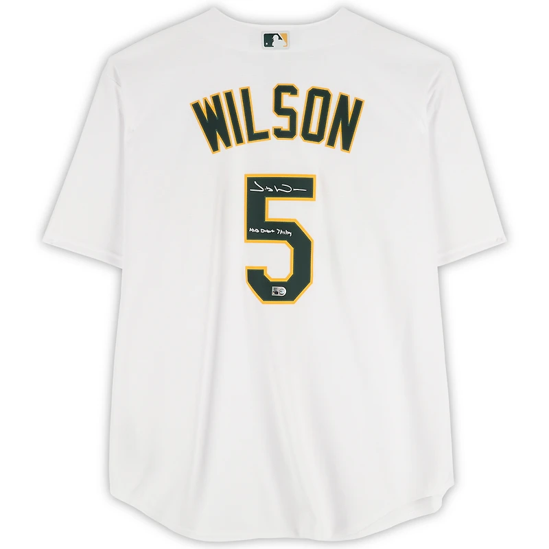 Maillot réplique blanc Nike autographié par Jacob Wilson (Athletics) avec inscription « Débuts en MLB le 19/07/2024 ».