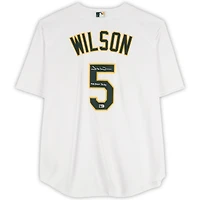 Maillot réplique blanc Nike autographié par Jacob Wilson (Athletics) avec inscription « Débuts en MLB le 19/07/2024 ».