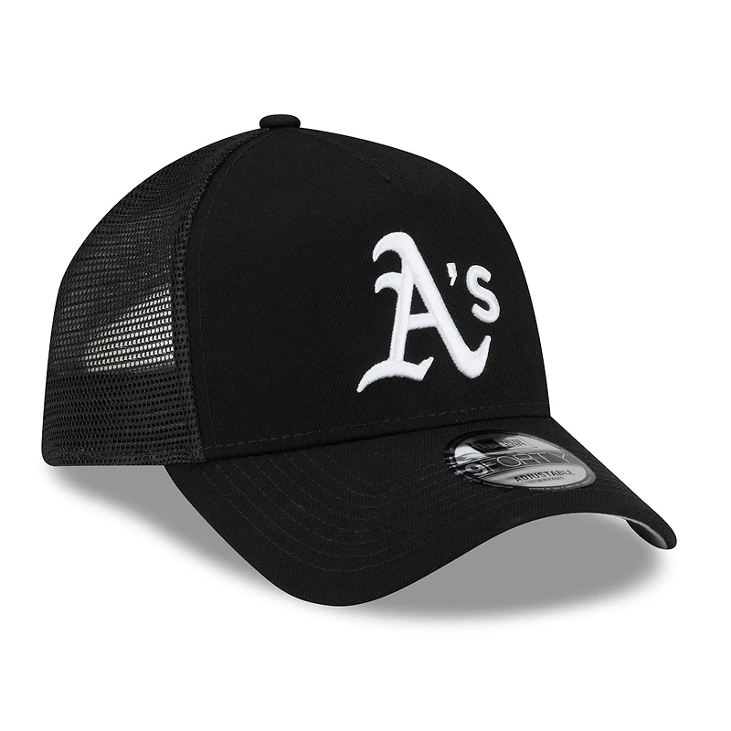 Casquette trucker ajustable New Era Athletics noire pour homme, modèle 9FORTY, logo latéral, style A-Frame.