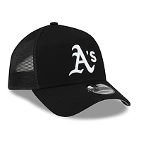 Casquette trucker ajustable New Era Athletics noire pour homme, modèle 9FORTY, logo latéral, style A-Frame.