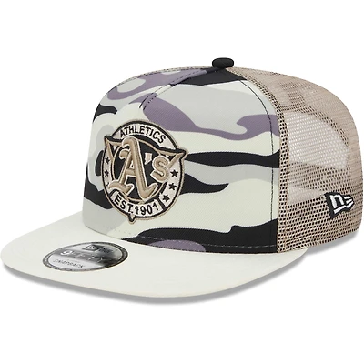 Men's New Era White Athletics Chrome Camo A-Frame 9FIFTY Trucker Snapback Hat