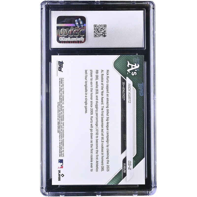 Nick Kurtz Athletics 2025 Topps Now '25 AL Rookie of the Year Award Winner Off-Season #OS-2 CGC Authenticated 10 Rookie Card