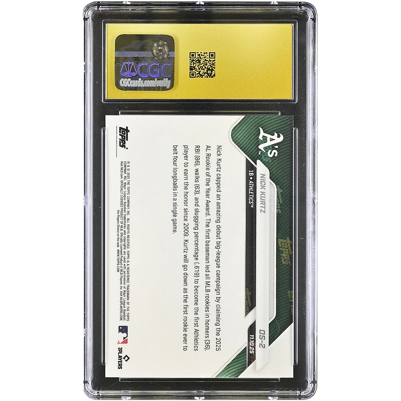 Nick Kurtz Athletics 2025 Topps Now '25 AL Rookie of the Year Award Winner Off-Season #OS-2 CGC Authenticated PRISTINE 10 Rookie Card