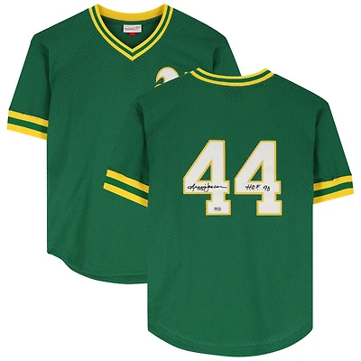 Maillot d'entraînement au bâton autographié par Reggie Jackson Kelly Green Athletics de la collection Cooperstown de Mitchell & Ness avec inscription « HOF 93 »