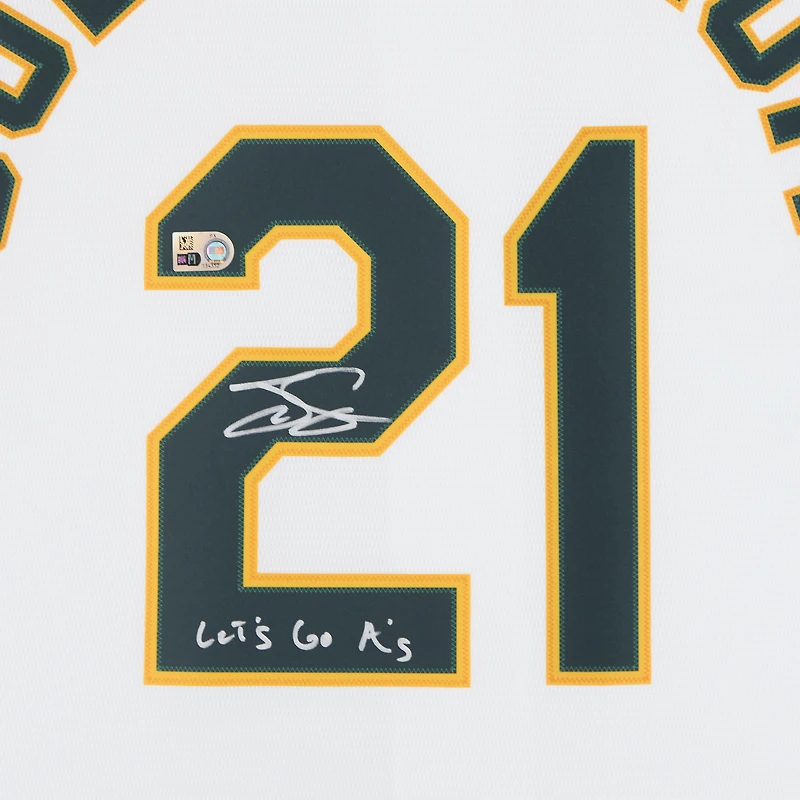 Tyler Soderstrom Athletics Autographed White Nike Replica Jersey with "Let's Go A's" Inscription 