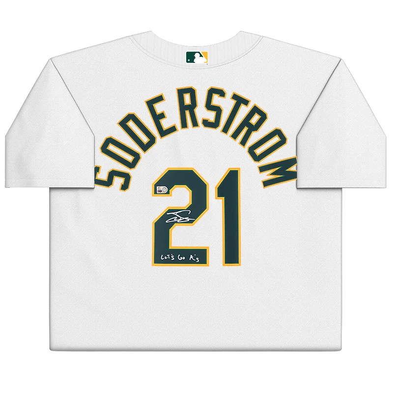 Tyler Soderstrom Athletics Autographed White Nike Replica Jersey with "Let's Go A's" Inscription