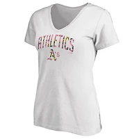 Women's White Athletics Floral Arched V-Neck T-Shirt