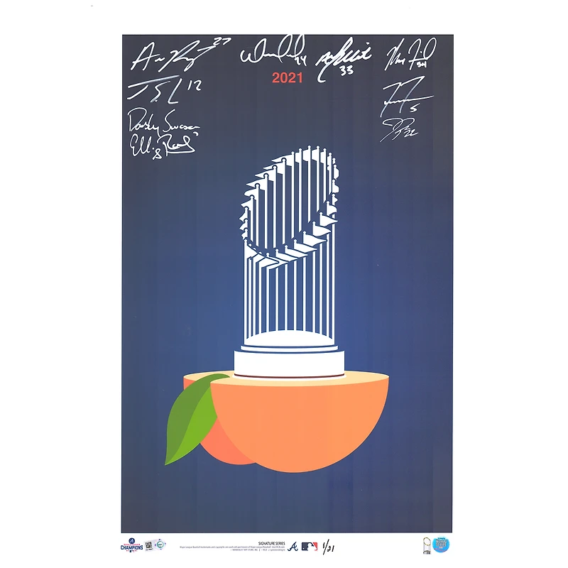 Atlanta Braves Multi-Signed 14" x 20" 2021 World Series Champions Peach Logo Minimalist Print by S. Preston - #1 of a Limited Edition of 21