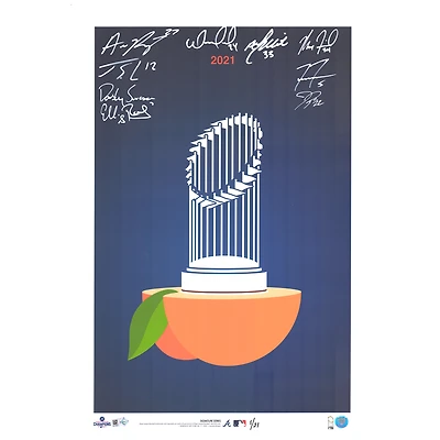 Atlanta Braves Multi-Signed 14" x 20" 2021 World Series Champions Peach Logo Minimalist Print by S. Preston - #1 of a Limited Edition of 21