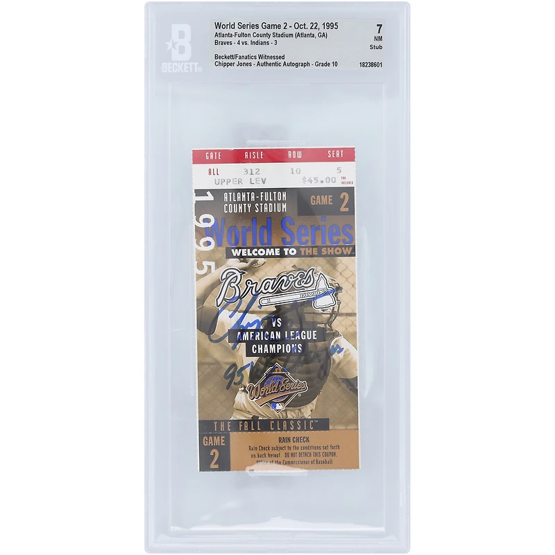 Chipper Jones Atlanta Braves Autographed 1995 World Series Game 2 Beckett Fanatics Witnessed Authenticated 7/10 Ticket from October 22, 1995 with "95 WS Champs" Inscription